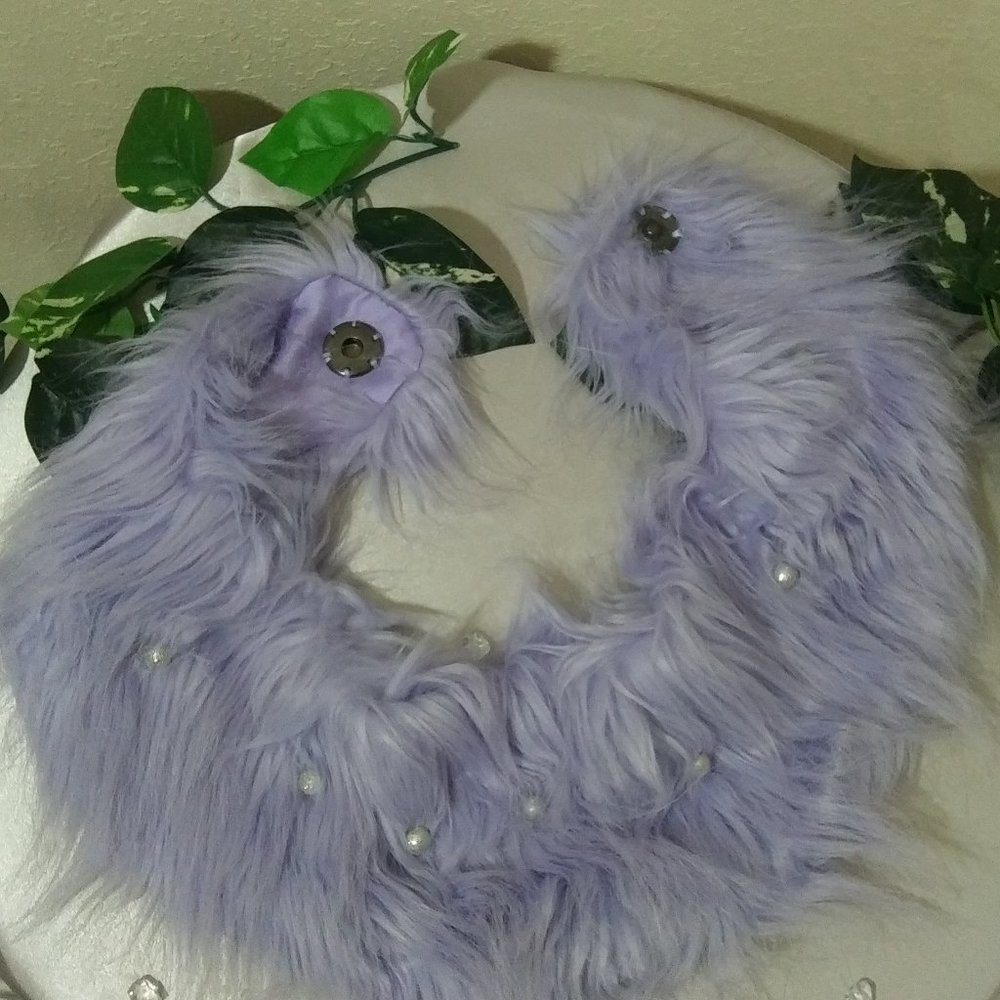 Lavender Faux Fur Button Scarf with Silver Pearl Embellishments